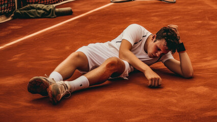 Fototapeta na wymiar A tennis player exhausted after a long match, symbolizing perseverance and determination