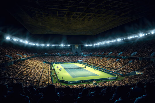 Tennis match in progress under the bright stadium lights, reflecting the intensity of the game
