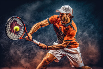 Tennis player performing a powerful backhand, demonstrating skill and precision - obrazy, fototapety, plakaty