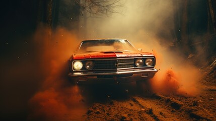 Obraz na płótnie Canvas Retro car riding off-road at night. Car on off-road in red smoke. 