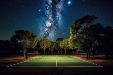 A tennis court under a starry night sky, combining sport with the beauty of nature