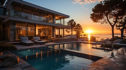 Fototapeta premium Luxurious modern house at dusk with swimming pool.
