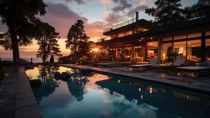 Fototapeta premium Luxurious modern house at dusk with swimming pool.