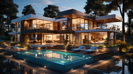 Fototapeta na wymiar Night scene of modern Luxurious house with swimming pool.