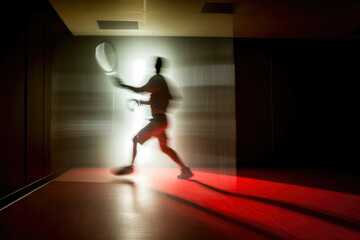 Fototapeta na wymiar A ghostly image of a racquetball player in action with long exposure effect