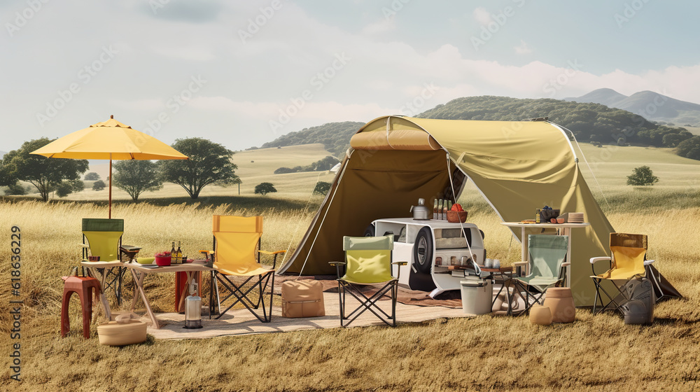 Poster a tent set up in the middle of a field. generative ai.
