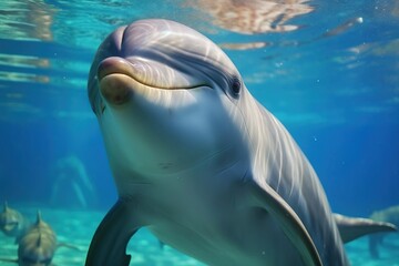 Obraz premium Close view of a dolphin swimming underwater.Created with Generative AI technology.