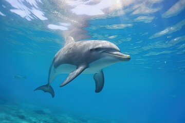 Fototapeta premium Close view of a dolphin swimming underwater.Created with Generative AI technology.