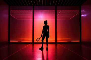 Fototapeta na wymiar The silhouette of a racquetball player against the neon glow of the court lights, capturing a moody, atmospheric scene