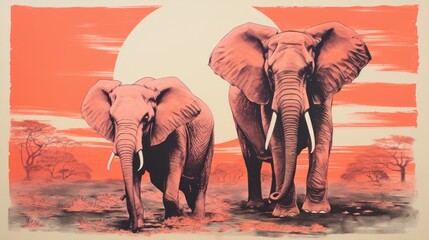Fototapeta na wymiar African elephants in retro style. Vintage and nostalgia. Generative AI