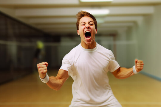 A racquetball player caught in the midst of a victory celebration, their joy and relief palpable
