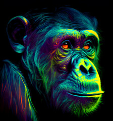 Chimpanzee in abstract, graphic highlighters lines rainbow ultra-bright neon artistic portrait, commercial, editorial advertisement, surrealism. Isolated on dark background