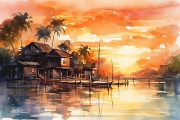 Fototapeta premium Watercolor Tropical At Sunset Background Generative AI