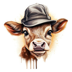 Portrait of baby Cow cub in a hat and with glasses on a white background. Hipster illustration, animal print