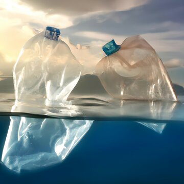 Plastic bottles and microplastics floating in the ocean. Marine plastic pollution concept