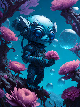 Cosmic Blossom: Close-Up of a Cute Blue Gremlin Cyborg Alien Baby in Astronaut Bioorganic Suit