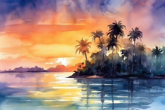 Watercolor Vacation Destination At Sunrise Background Generative AI