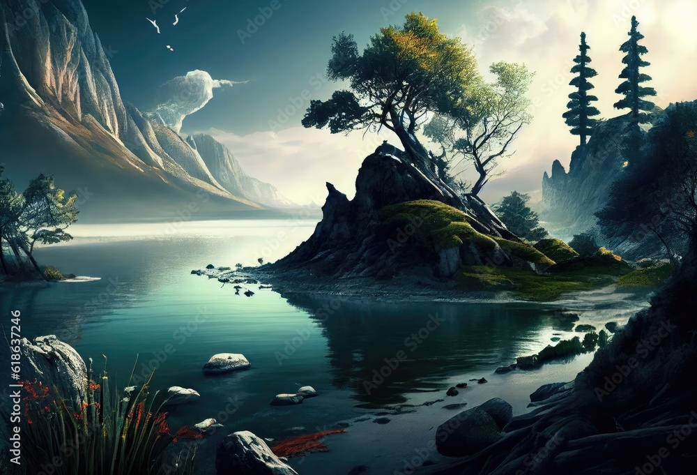 Poster serene nature at dusk background generative ai