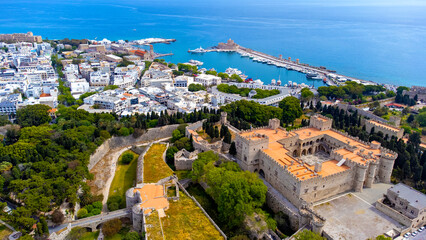 Rhodes old town with Palace of the Grand Master aerial panoramic view in Rhodes island in Greece