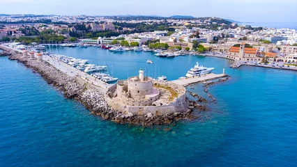 Fotobehang Mandraki port of Rhodes city harbor aerial panoramic view in Rhodes island in Greece © Esin Deniz