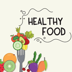 Fork with different vegetables and fruits Healthy food concept Vector