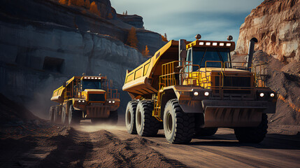 Open pit mine industry, big yellow mining truck for coal anthracite, mining trucks, yellow dump truck