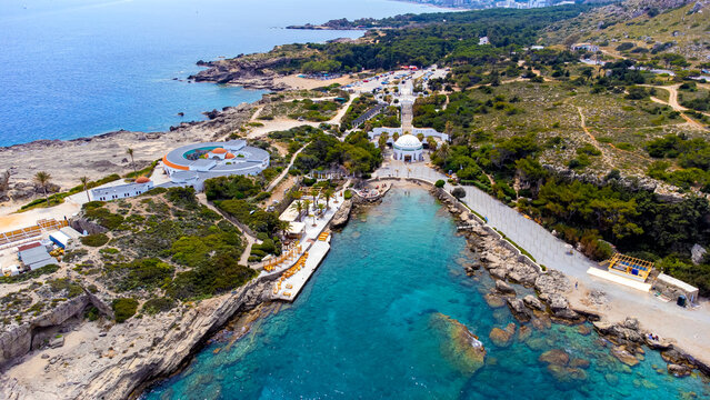 Kalithea Springs Therme and Beach, Aerial Drone View, Rhodes,Greece.