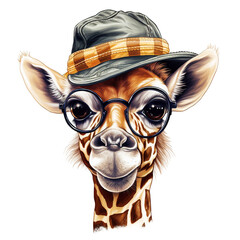Portrait of Giraffe cub in a hat and with glasses on a white background. Hipster illustration, animal print