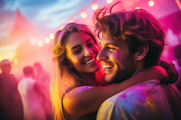 A young Caucasian couple smiles at a festival of colours , having super fun	
