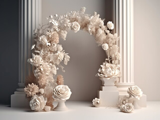Arch mockup, stage, pedestal or product display with flowers. Off white and creame, monochromatic colors, generative AI.