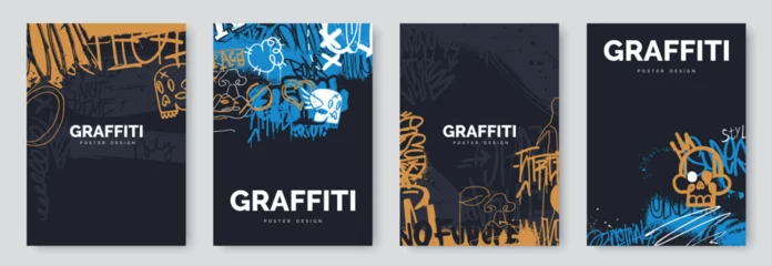Fotobehang Abstract graffiti poster with colorful tags, paint splashes, scribbles and throw up pieces. Street art background collection. Artistic covers set in hand drawn graffiti style. Vector illustration © alexandertrou