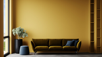 Large lounge space hall or livingroom. Yellow mustard walls. Olive color sofa and blue pillows and accent details.Office or reception modern room. Bright shelves and background blank. 3d render