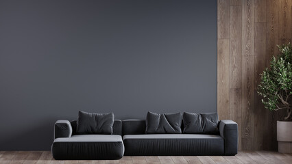 Luxury livingroom or lounge hall or salon. Loft style or modern trend interior. Dark colors - gray, black and graphite. Wooden elements of decor. Empty wall background blank. Large space. 3d rendering
