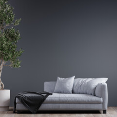 Premium living room or lounge salon. Style classic or modern classical. Dark colors - gray, black and graphite. Loveseat is light grey. Empty wall background blank. Interior design mockup. 3d render