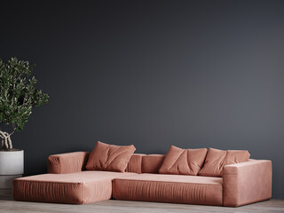 Living room lounge with black empty walls background for art. Salon hall mockup space. Large sofa in terracotta brown camel color. Modern interior design in dark tone. Premium scene. 3d rendering