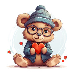 Naklejka premium Teddy bear with glasses and hat with red heart on a white background. Valentines greeting card. Love design