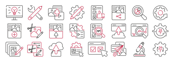 Content Management System set icons. Stages of publishing content using CMS. Creation, publishing content, blog promotion, database administration, seo optimization, analysis, setting, support