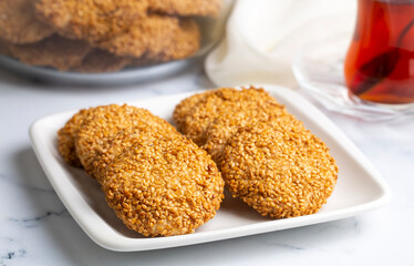 Ramadan sweets background. Cookies of El Fitr Islamic Feast. Egyptian cookies "Kahk El Eid" Turkish name; Kahke