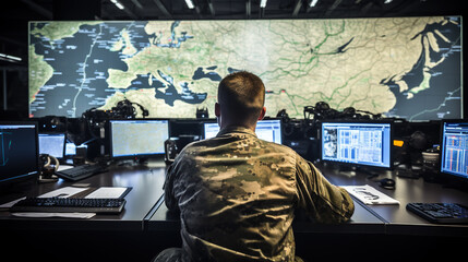 Tactical Operations: Soldier in a Modern War Room Utilizing Maps and Screens, Generative AI - obrazy, fototapety, plakaty