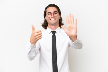 Business handsome man isolated on white background counting six with fingers