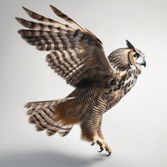 Great horned owl (Bubo virginianus) with wings spread on a white background.  Generative ai.