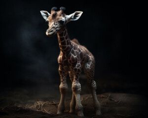 African giraffe calf (Giraffa camelopardalis) standing in a studio shot on a dark background. Generative ai.