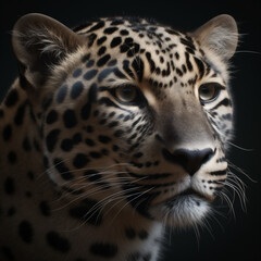 African leopard (Panthera pardus) portrait on a dark background. Generative ai.