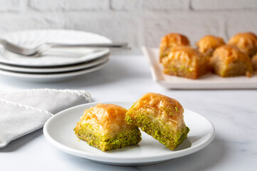 Traditional Turkish dessert; Handmade walnut baklava. Turkish name; cevizli baklava