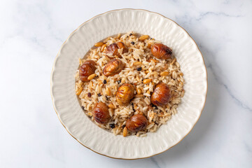 Traditional delicious Turkish food; chestnut rice pilaf (Turkish name; kestaneli pilav)