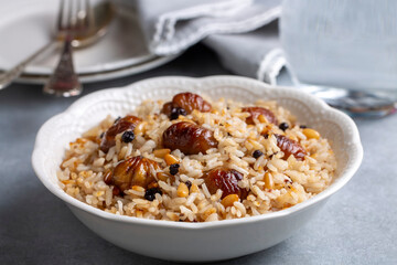 Traditional delicious Turkish food; chestnut rice pilaf (Turkish name; kestaneli pilav)