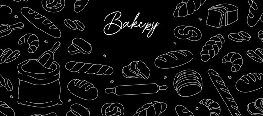 Pastry shop horizontal outline banner. Bakery vector illustration. Bakery menu design. Wheat bread, pretzel, ciabatta, croissant, french baguette.