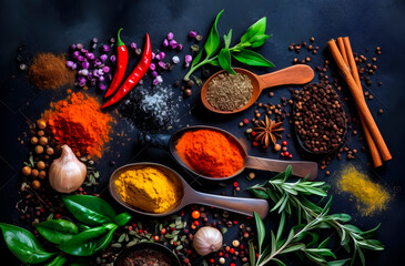 Aromatic spices and herbs for cooking, top view. AI Generative.