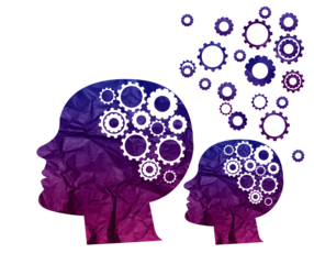 Silhouette of a head and a brain consisting of cogs and flying away, Concept of searching for ideas, mental health