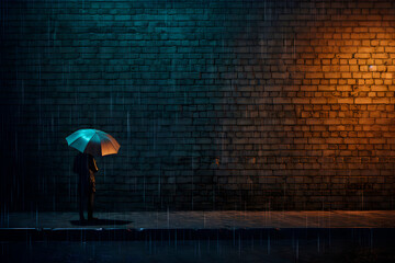Man in front of brick wall at night with umbrella on a rainy day illuminated by a street lamp. AI Generative.
